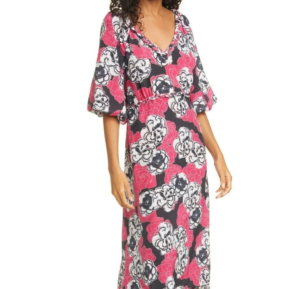 Dyvna Pink Graphic Flower Floral Silk Midi Dress